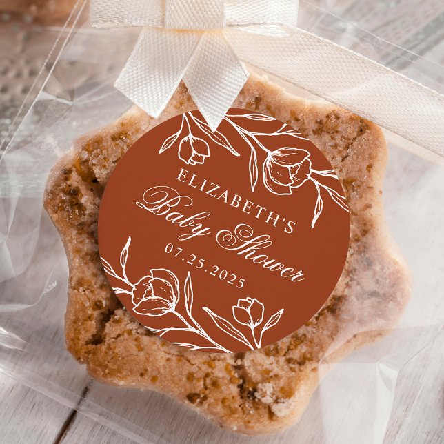 Sketched Floral Terracotta Baby Shower Classic Round Sticker (Creator Uploaded)