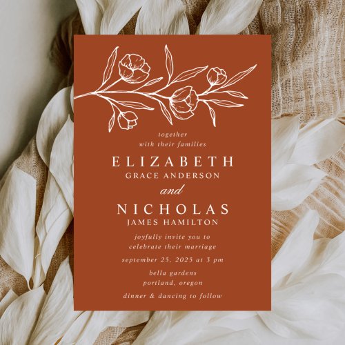Sketched Floral Terracotta Clay Wedding Invitation