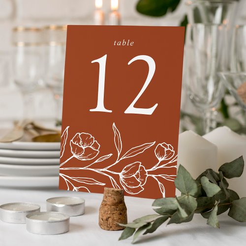 Sketched Floral Terracotta Wedding Table Number