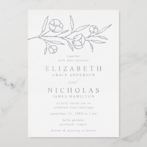 Sketched Floral Wedding Silver  Foil Invitation