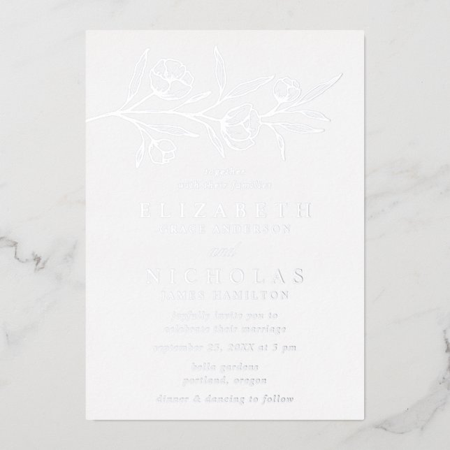 Sketched Floral Wedding Silver  Foil Invitation (Front)