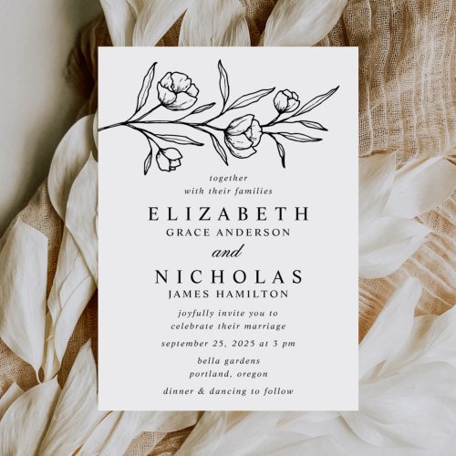 Sketched Floral White and Black Wedding Invitation