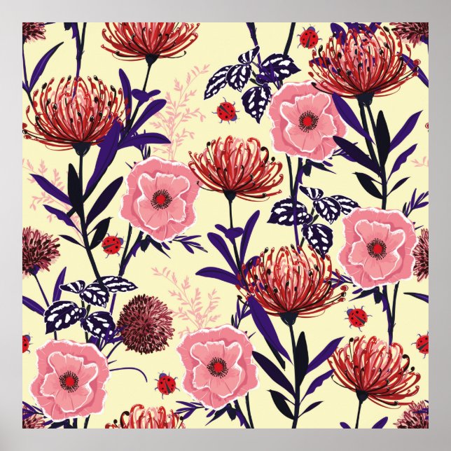 Sketched flower design in bright colors seamless p poster (Front)