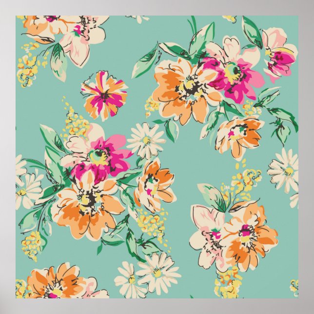 Sketched flower design in bright colors - seamless poster (Front)