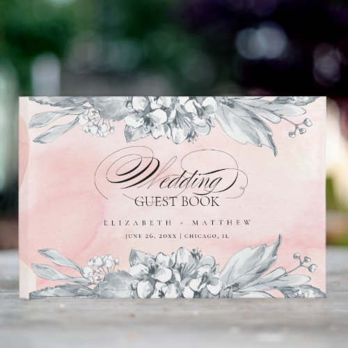 Sketched Flowers Blush Pink Watercolor Wedding Guest Book