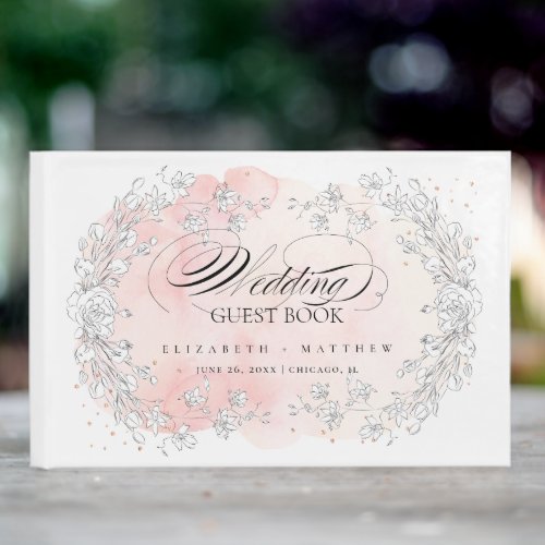 Sketched Flowers Blush Pink Watercolor Wedding Guest Book