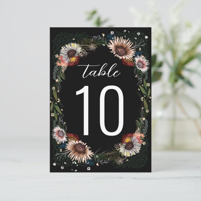 Sketched Flowers Boho Black Table Number (Standing Front)