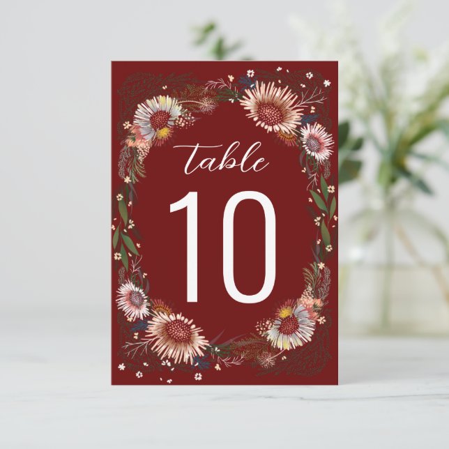 Sketched Flowers Boho Dark Red Maroon Table Number (Standing Front)