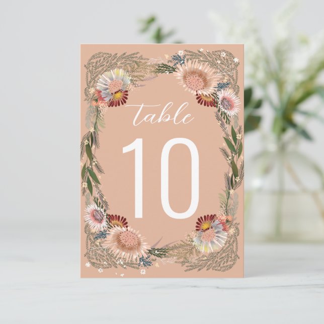 Sketched Flowers Boho Peach Table Number (Standing Front)