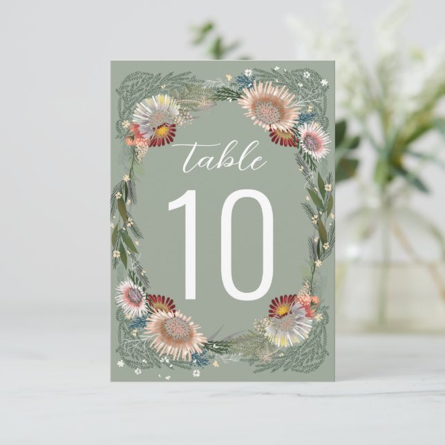 Sketched Flowers Boho Sage Green Table Number (Standing Front)