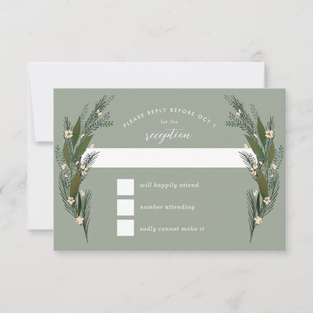 Sketched Flowers Leaves Greenery Sage Wedding RSVP Card (Front)