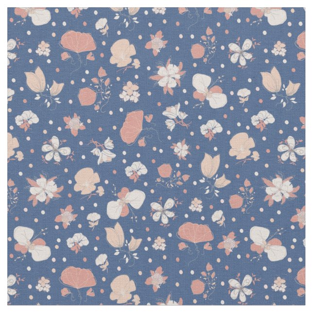 Sketched Flowers on Blue Fabric (Close Up)
