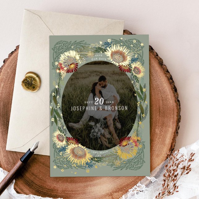 Sketched Flowers Unique Photo Save the Date Gold Foil Invitation (Creator Uploaded)