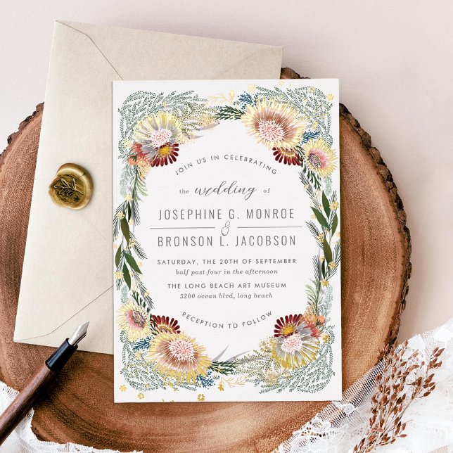Sketched Flowers Unique Wedding Gold Foil Invitation (Creator Uploaded)
