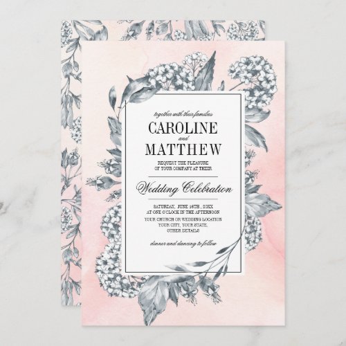 Sketched Flowers Watercolor Blush Pink Wedding Invitation