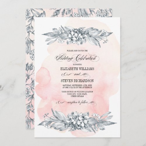 Sketched Flowers Watercolor Blush Pink Wedding Invitation