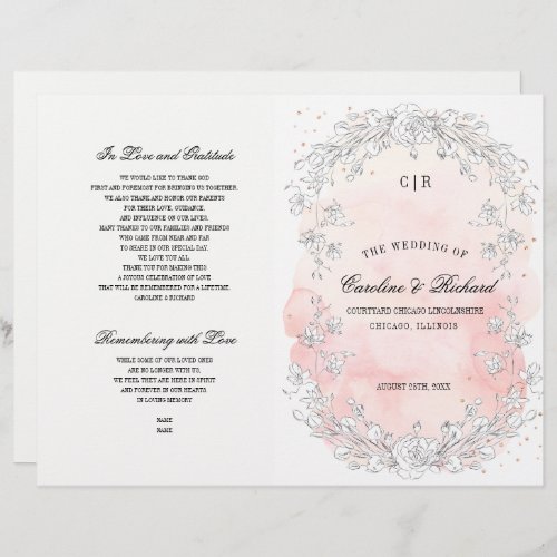 Sketched Flowers Watercolor Folded Wedding Program