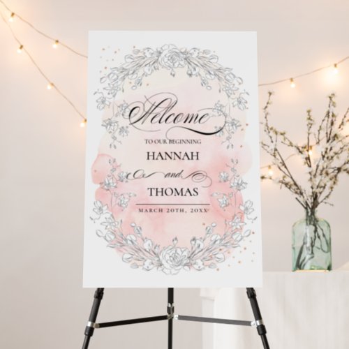 Sketched Flowers Watercolor Wedding Welcome Sign