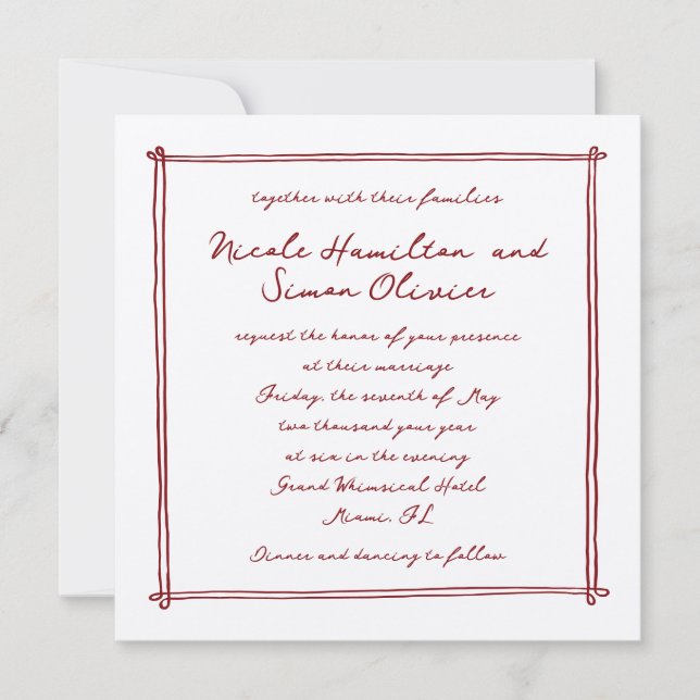Sketched frame red Whimsical Hand Drawn Wedding  Invitation (Front)