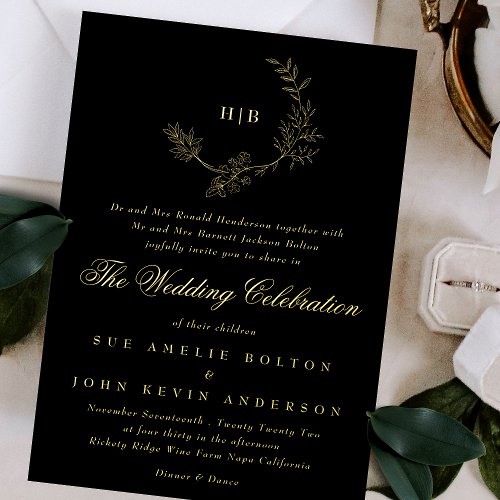Sketched Gold Floral Wreath Monogram Onyx Wedding Foil Invitation