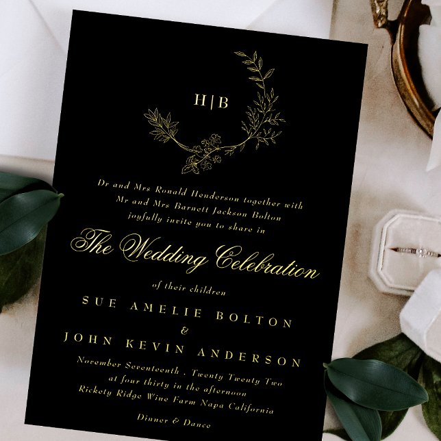 Sketched Gold Floral Wreath Monogram Onyx Wedding Foil Invitation (Creator Uploaded)