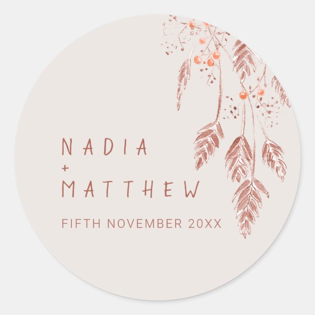 Sketched grass berries brown orange wedding classic round sticker (Front)