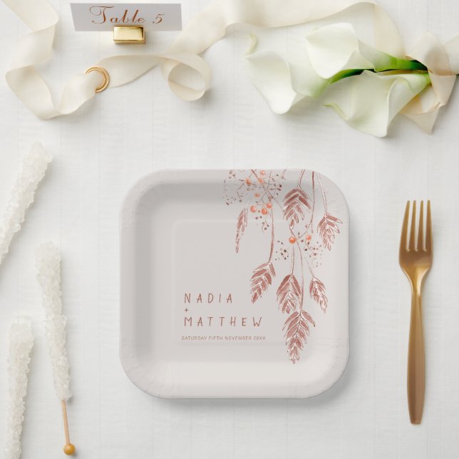 Sketched grass berries brown terracotta wedding pa paper plates (Wedding)