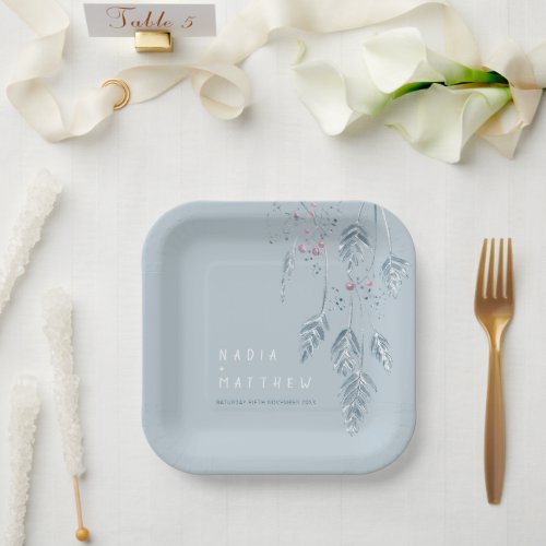 Sketched grass berries winter dusty blue wedding paper plates