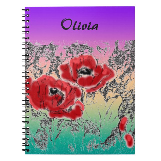 Sketched gray black red flowers poppies floral gra notebook (Front)