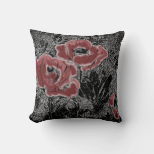 Sketched gray black red flowers poppies floral gra throw pillow