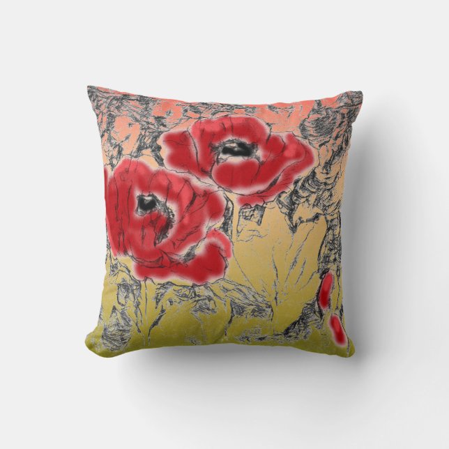 Sketched gray black red flowers poppies floral gra throw pillow (Front)