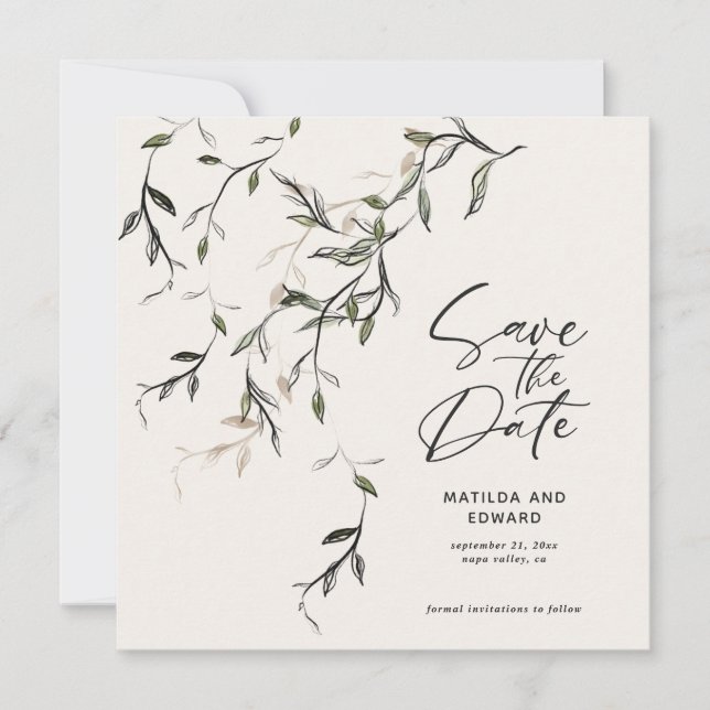 Sketched leaf botanical foliage modern wedding save the date (Front)