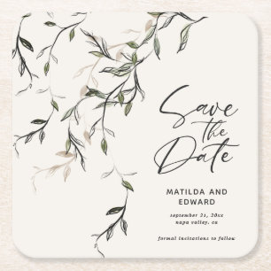 Sketched leaf botanical foliage modern wedding square paper coaster