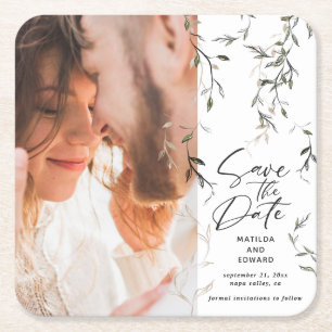 Sketched leaf botanical foliage modern wedding square paper coaster