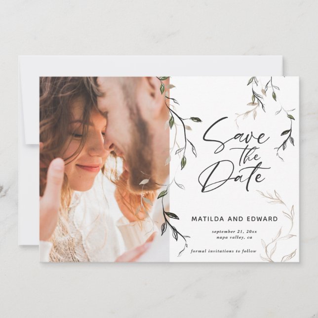 Sketched leaf botanical foliage photo wedding save the date (Front)