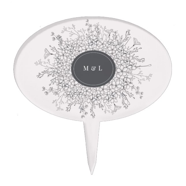 Sketched Modern Floral Monogram Wedding  Cake Topper (Front)