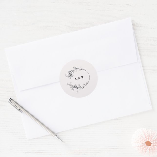 Sketched Modern Floral Monogram Wedding Classic Round Sticker (Envelope)