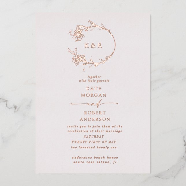 Sketched Modern Floral Wedding Foil Invitation (Front)