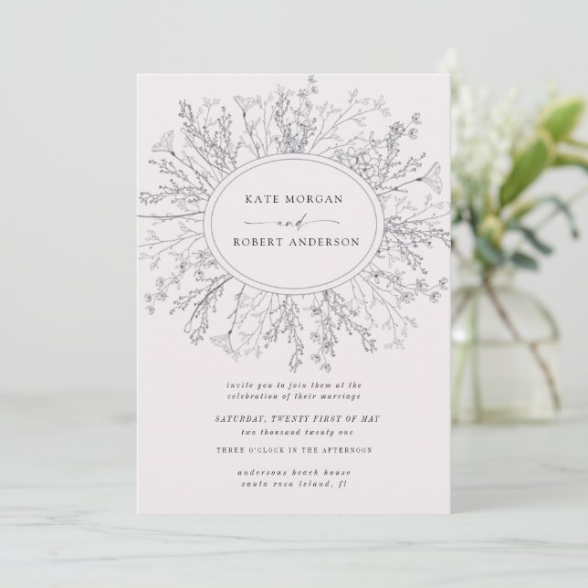 Sketched Modern Floral Wreath Wedding Invitation (Standing Front)