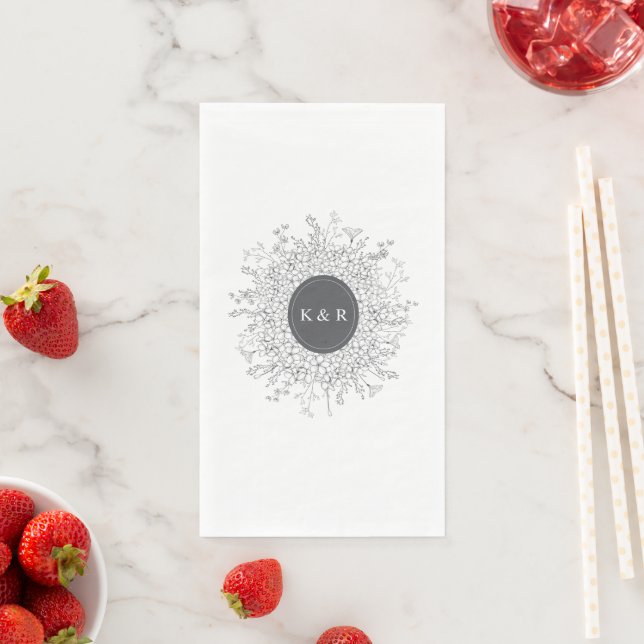 Sketched Modern Floral Wreath Wedding Paper Guest Towels (Insitu)