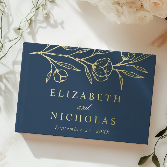 Sketched Navy and Gold Foil Floral Photo Wedding Foil Guest Book (Creator Uploaded)