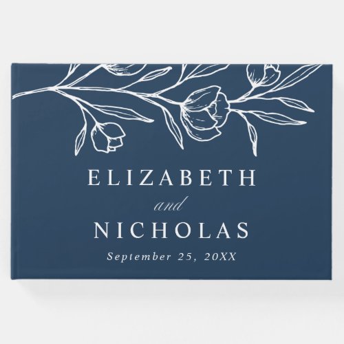 Sketched Navy Floral Photo Wedding Guest Book