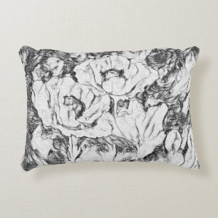 Sketched pen hand drawn poppies flowers floral whi accent pillow