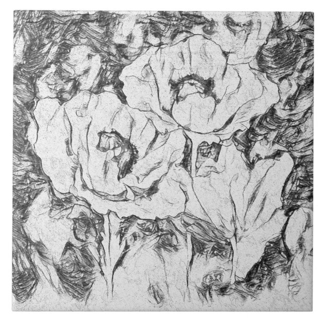 Sketched pen hand drawn poppies flowers floral whi ceramic tile (Front)