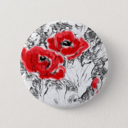Sketched pen hand drawn red poppies flowers floral button