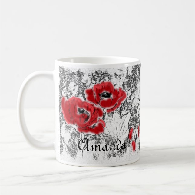 Sketched pen hand drawn red poppies flowers floral coffee mug (Left)