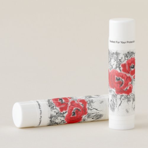 Sketched pen hand drawn red poppies flowers floral lip balm