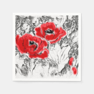 Sketched pen hand drawn red poppies flowers floral napkins