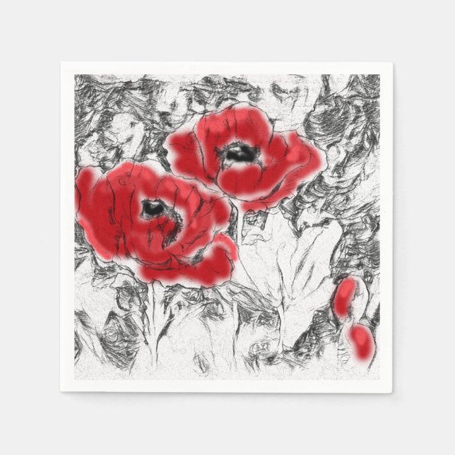 Sketched pen hand drawn red poppies flowers floral napkins (Front)