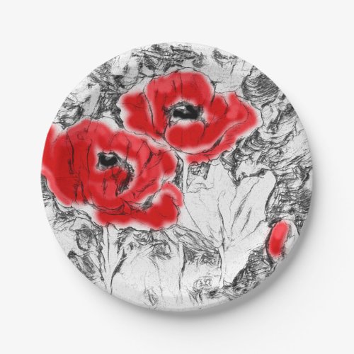 Sketched pen hand drawn red poppies flowers floral paper plates